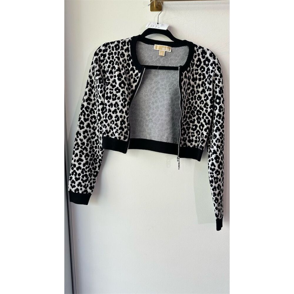 Michael Kors small Black Leopard Jacquard Knit Zip Cardigan Sweater